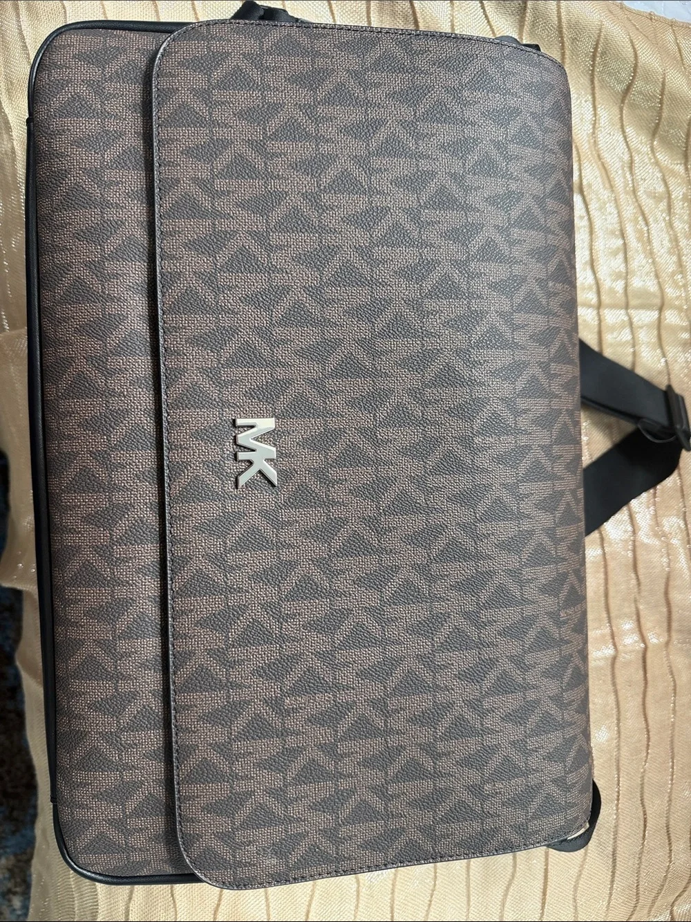Michael Kors Brown MK Signature Canvas Messenger Bag with Black Strap